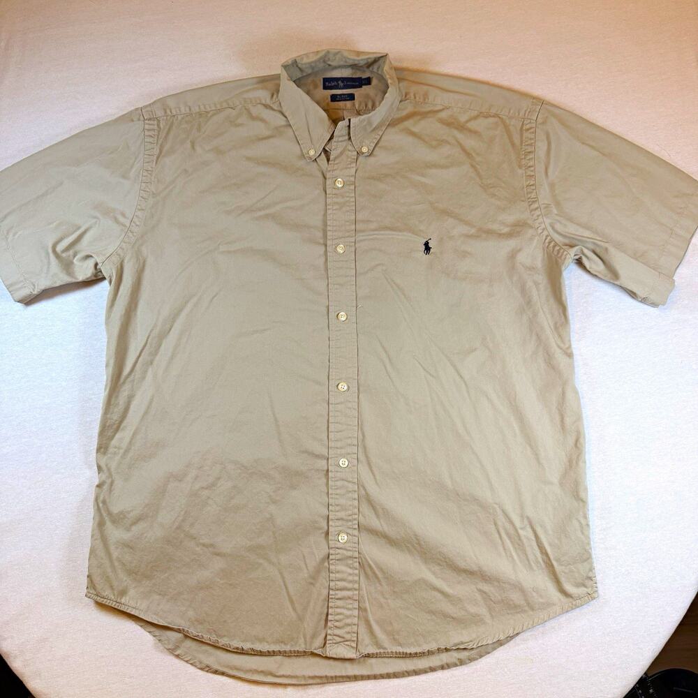 Vintage Polo Ralph Lauren Blake Shirt Mens XL Tan Khaki Short Sleeve Button Down